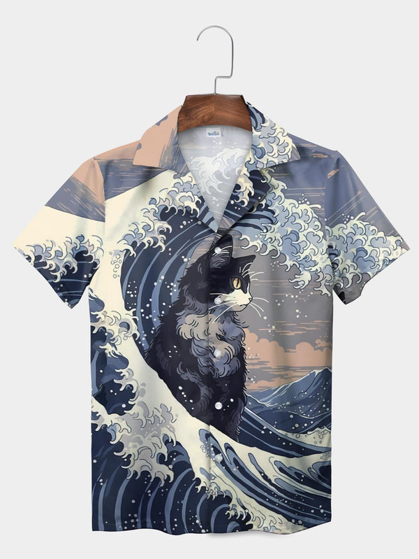 Blue Cat Sitting In Majestic Ocean Wave Art Short Sleeve Aloha Shirt  Front