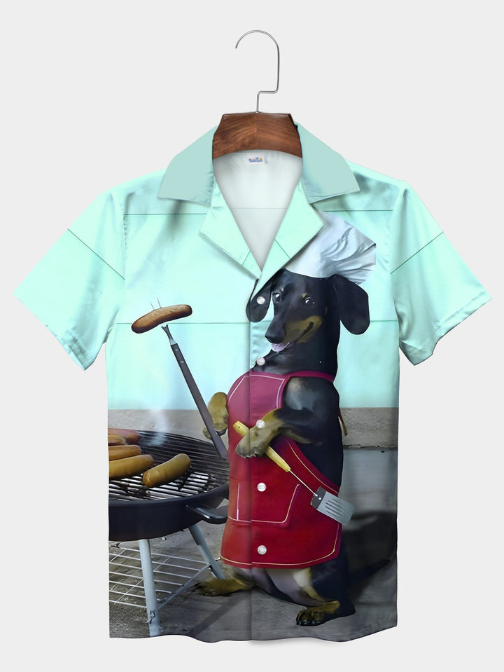 Blue Chef Dog Grilling Hot Dogs Humorous Short Sleeve Hawaiian Shirt  Front