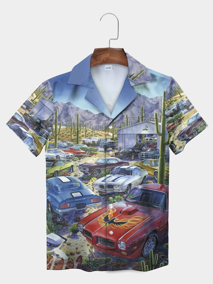 Blue Classic Cars Desert Rally Vibrant Short Sleeve Hawaiian Shirt  Front