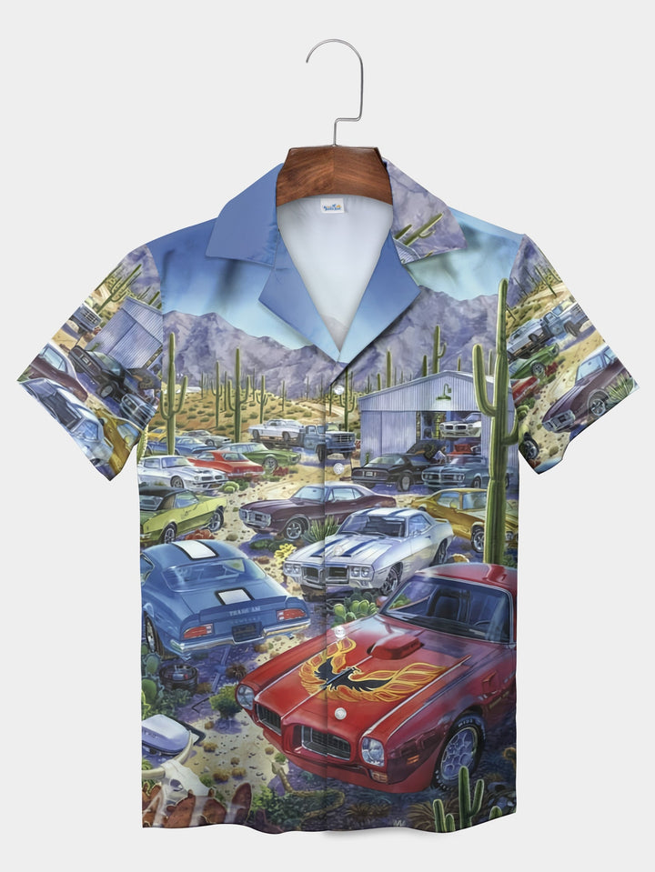 Blue Classic Cars Desert Rally Vibrant Short Sleeve Hawaiian Shirt  Pocket