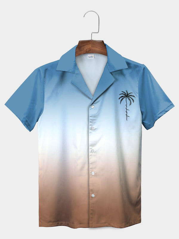 Blue Coconut Tree Embroidery Button Down Hawaiian Shirt