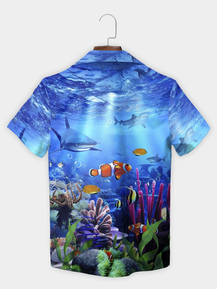 Blue Coral Reef Clownfish Shark Ocean Life Short Sleeve Aloha Shirt  Back