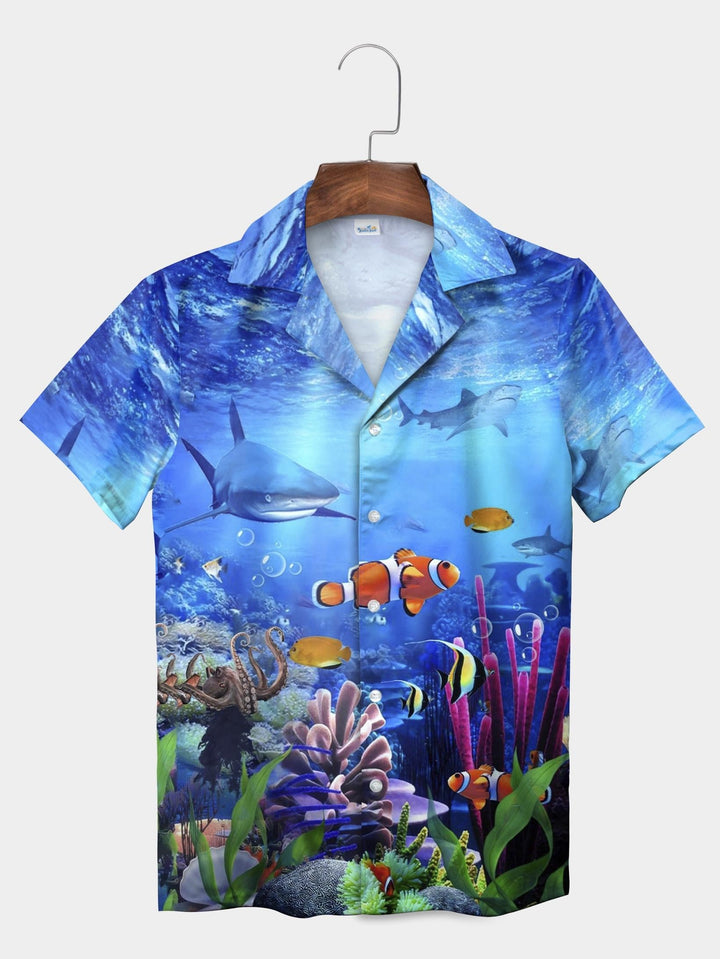 Blue Coral Reef Clownfish Shark Ocean Life Short Sleeve Aloha Shirt  Front