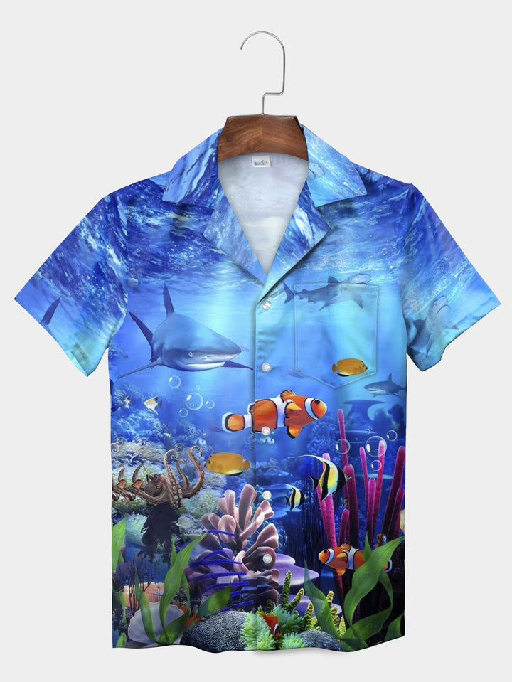 Blue Coral Reef Clownfish Shark Ocean Life Short Sleeve Aloha Shirt  Pocket