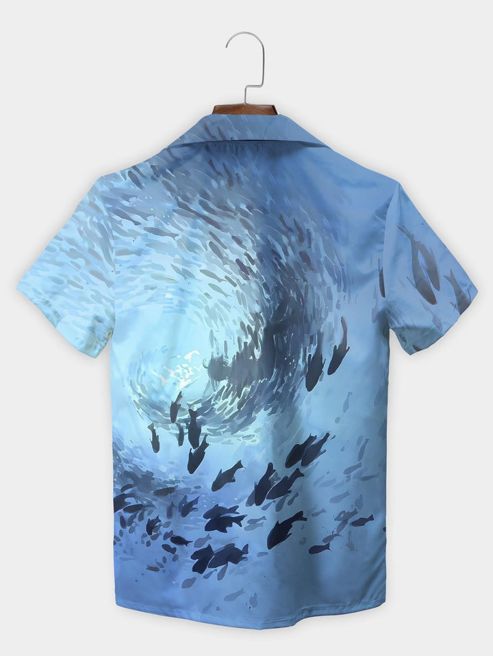 Blue Deep Ocean Fish Swarm Vortex Scene Short Sleeve Aloha Shirt  Back