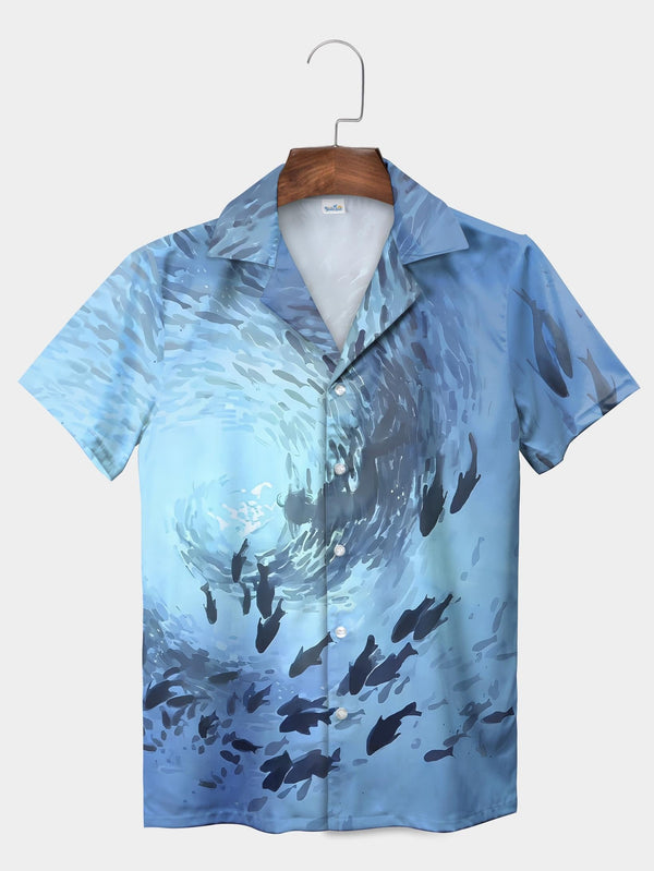 Blue Deep Ocean Fish Swarm Vortex Scene Short Sleeve Aloha Shirt  Front