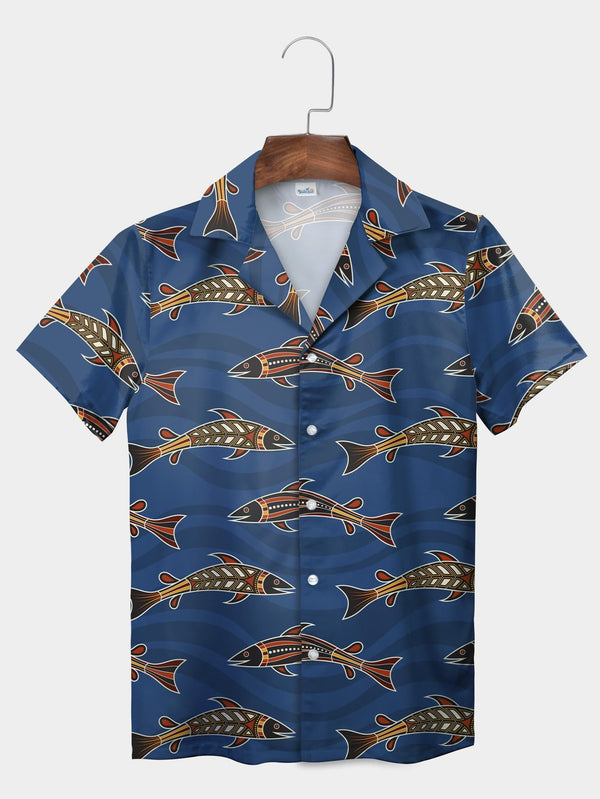 Blue Fish Pattern Hawaiian Coastal Vibe Short Sleeve Aloha Shirt  Front