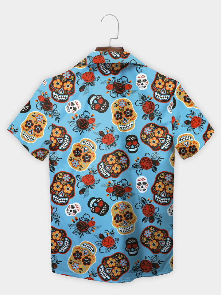 Blue Floral Sugar Skull Day Of The Dead Art Short Sleeve Hawaiian Shirt  Back