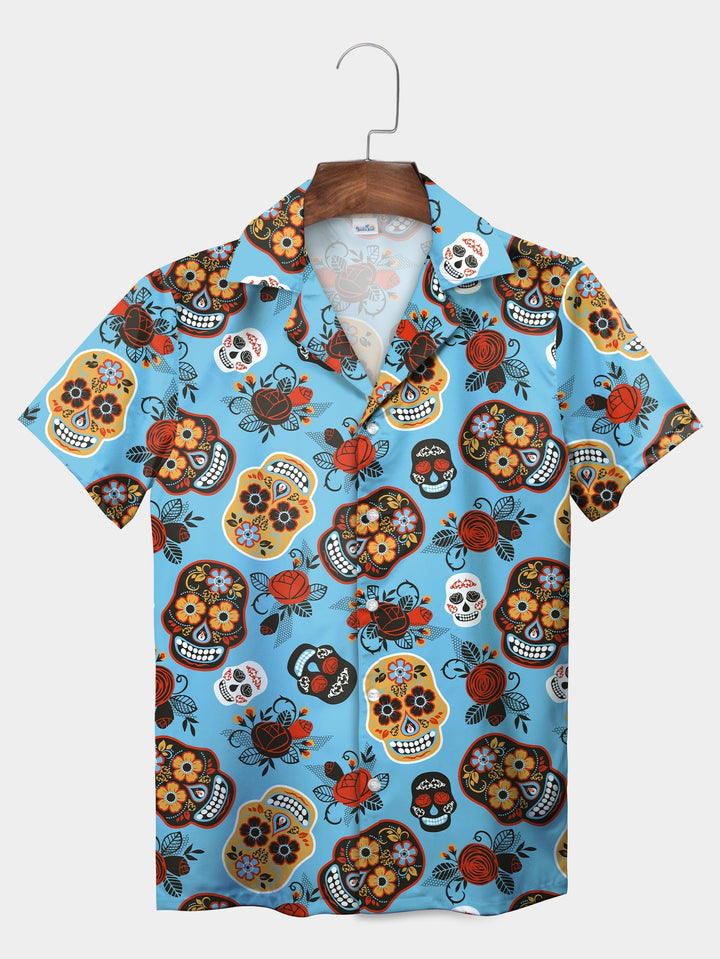 Blue Floral Sugar Skull Day Of The Dead Art Short Sleeve Hawaiian Shirt  Front