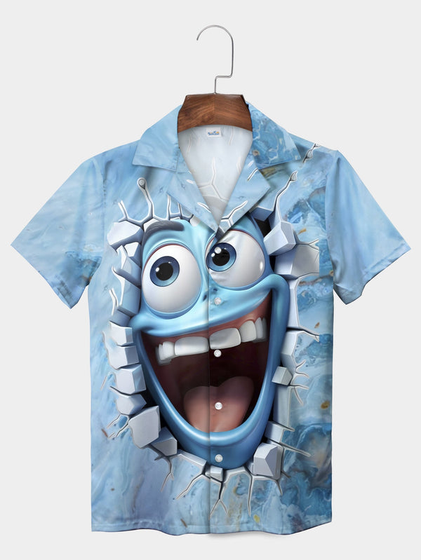 Blue Funny Face Breaking Through Ice Short Sleeve Hawaiian Shirt  Front