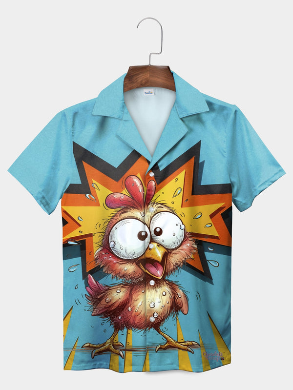 Blue Funny Rooster Cartoon Crazy Expression Short Sleeve Hawaiian Shirt  Front