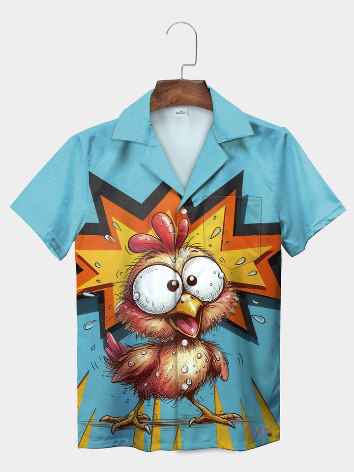 Blue Funny Rooster Cartoon Crazy Expression Short Sleeve Hawaiian Shirt  Pocket