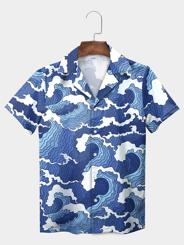 Blue Geometric Wave Ocean Hawaiian Shirt