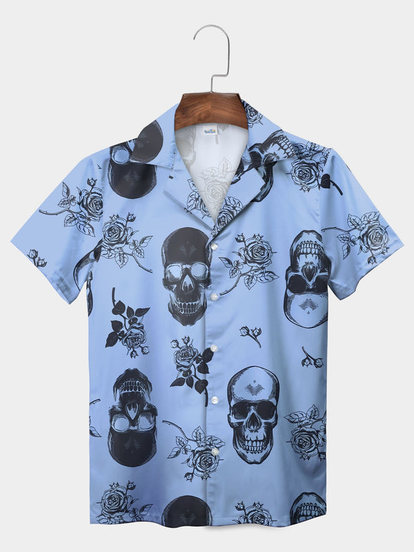 Blue Gothic Skull and Rose Floral Hawaiian Shirt