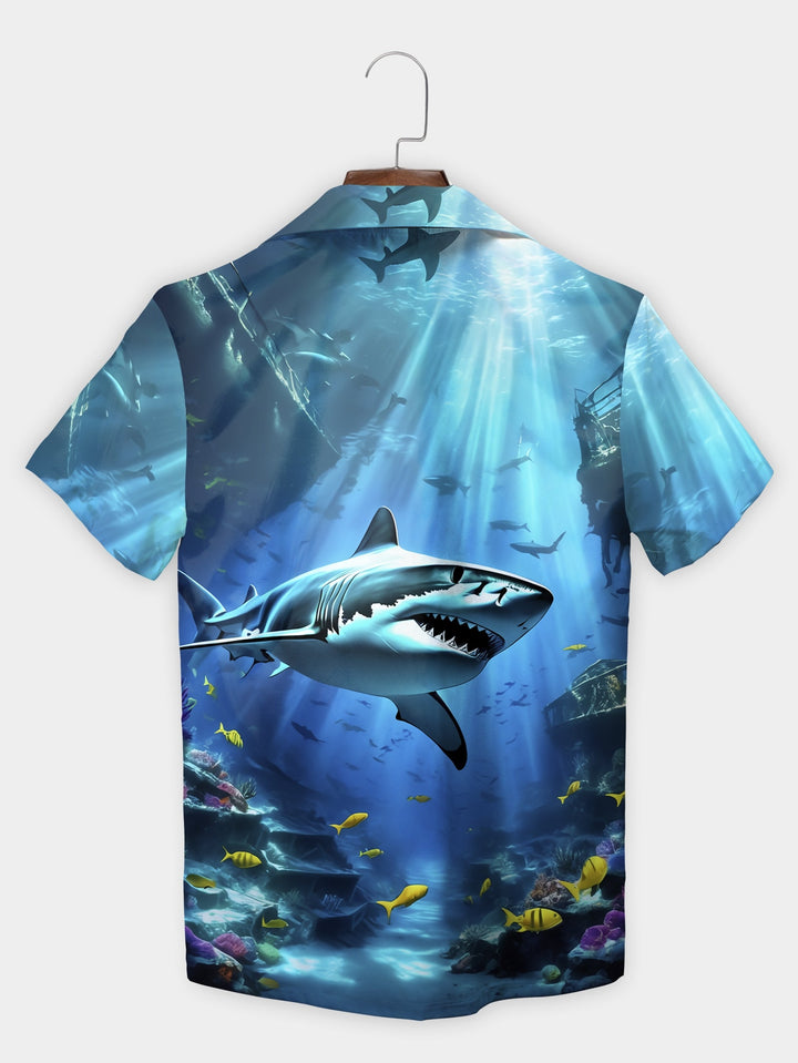 Blue Great White Shark Scene Ocean Life Short Sleeve Hawaiian Shirt  Back