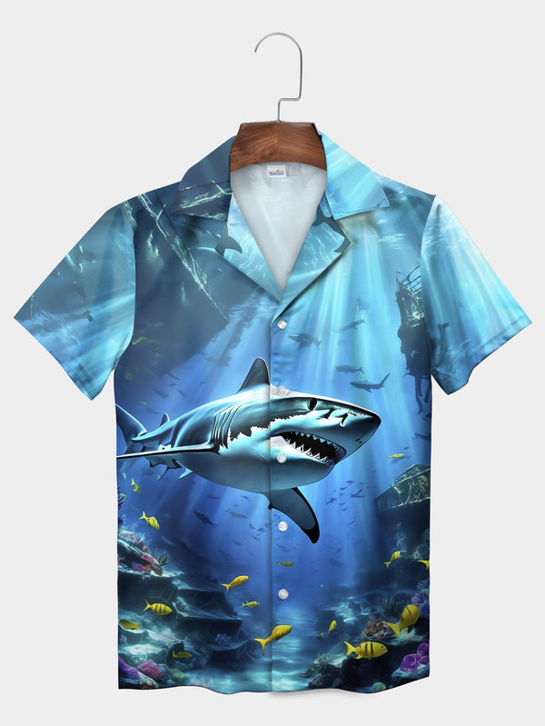 Blue Great White Shark Scene Ocean Life Short Sleeve Hawaiian Shirt  Front