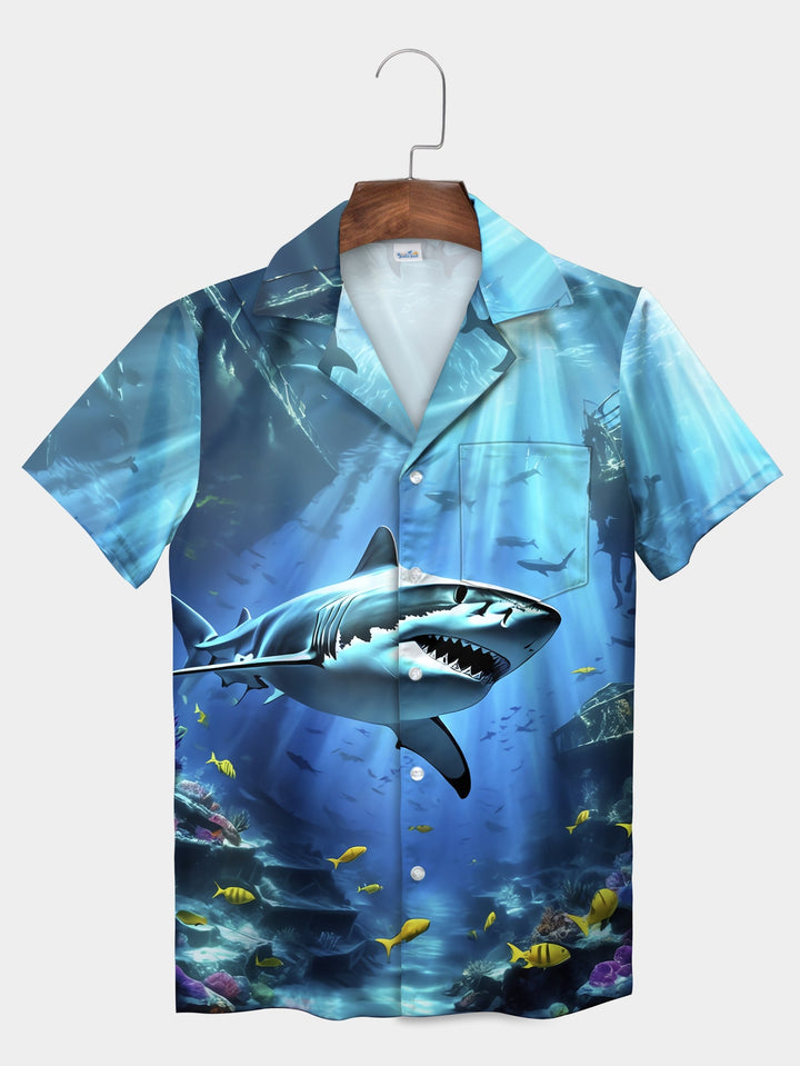 Blue Great White Shark Scene Ocean Life Short Sleeve Hawaiian Shirt  Pocket