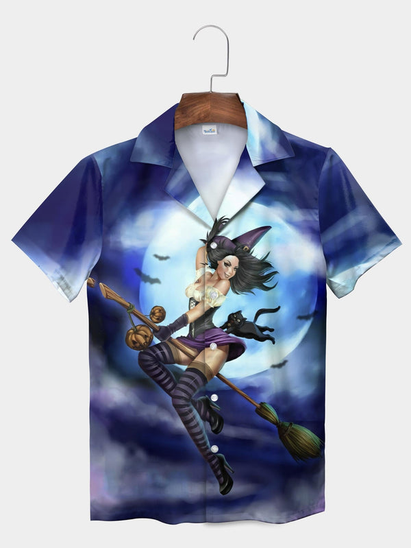 Blue Halloween Witch Riding Broom Cat Short Sleeve Aloha Shirt  Front