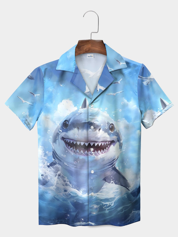 Blue Happy Shark Surfing Underwater Bubbles Short Sleeve Hawaiian Shirt  Front