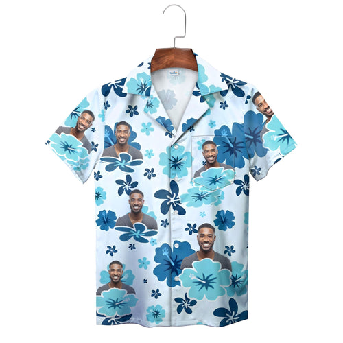 Blue Hibiscus Personalised Hawaiian Shirt White Aqua