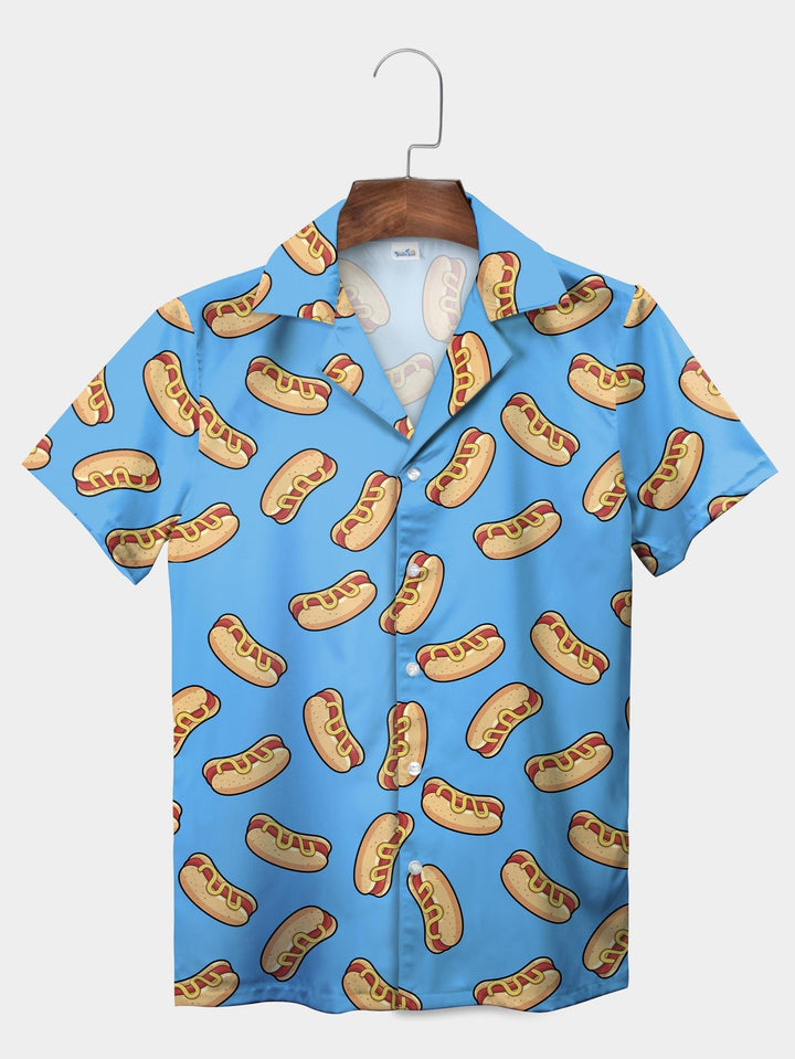 Blue Hot Dog Print Fun Food Graphic Pattern Short Sleeve Aloha Shirt  Front