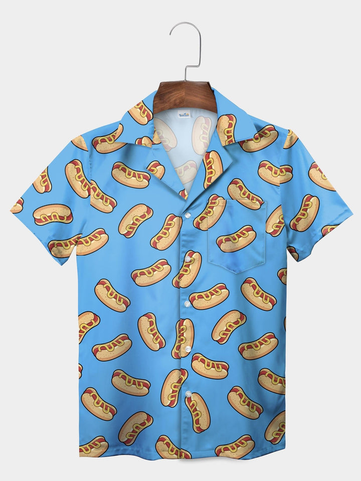 Blue Hot Dog Print Fun Food Graphic Pattern Short Sleeve Aloha Shirt  Pocket