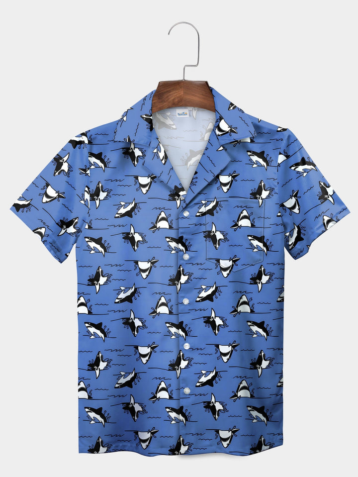 Blue Majestic Orca Ocean Marine Wildlife Short Sleeve Hawaiian Shirt  Pocket