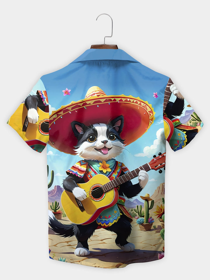 Blue Mariachi Cat Playing Guitar Fiesta Short Sleeve Hawaiian Shirt  Back