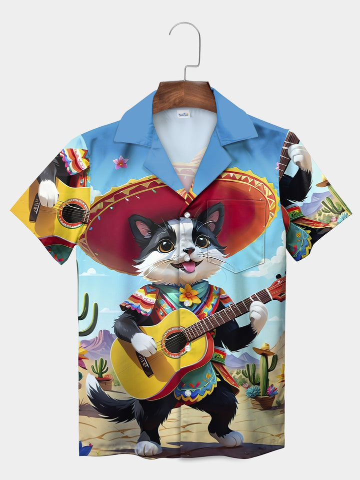 Blue Mariachi Cat Playing Guitar Fiesta Short Sleeve Hawaiian Shirt  Front