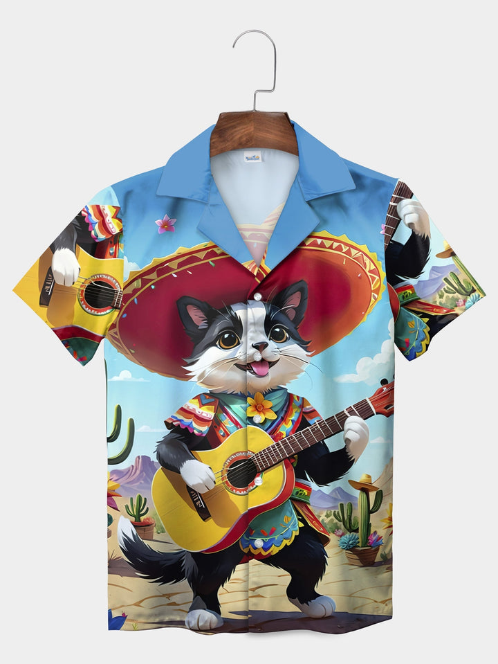 Blue Mariachi Cat Playing Guitar Fiesta Short Sleeve Hawaiian Shirt  Pocket