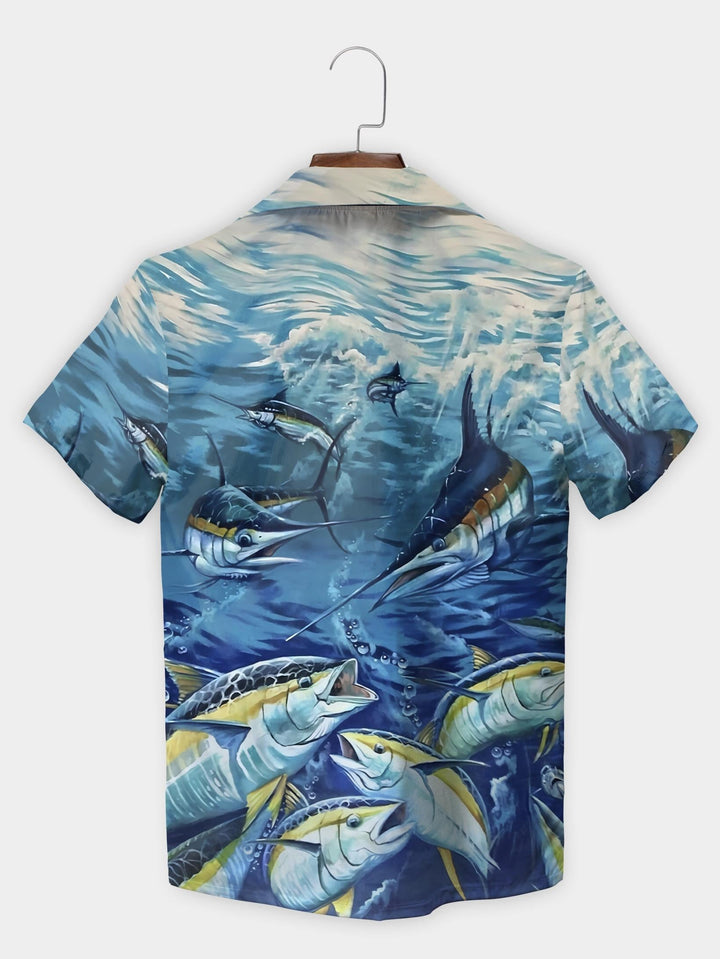 Blue Marlin Tuna Underwater Ocean Marine Life Short Sleeve Aloha Shirt  Back