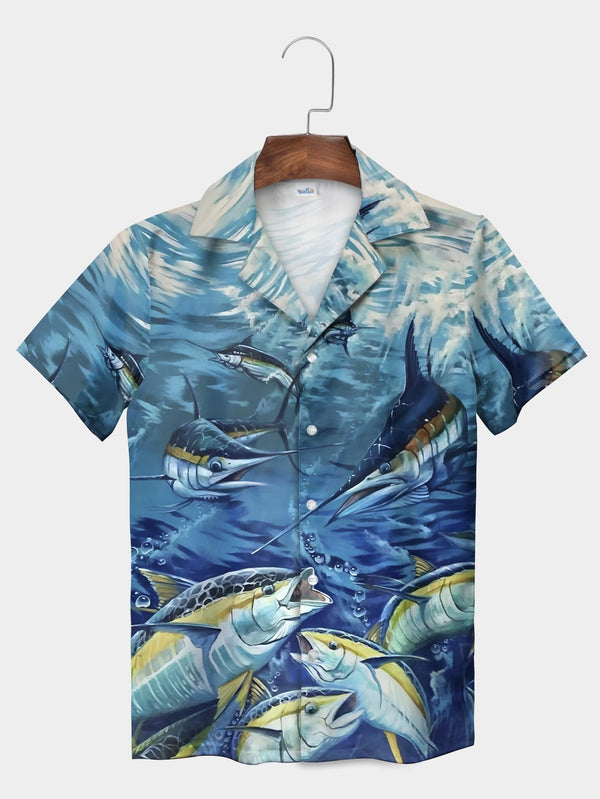 Blue Marlin Tuna Underwater Ocean Marine Life Short Sleeve Aloha Shirt  Front