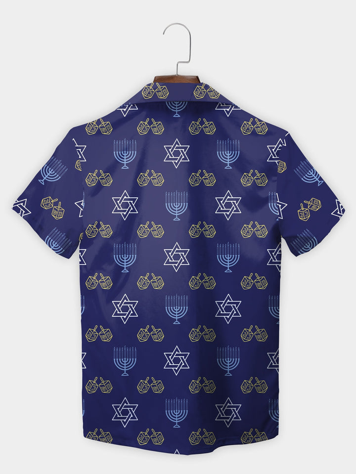 Blue Menorah Dinosaur Holiday Celebration Short Sleeve Hawaiian Shirt  Back