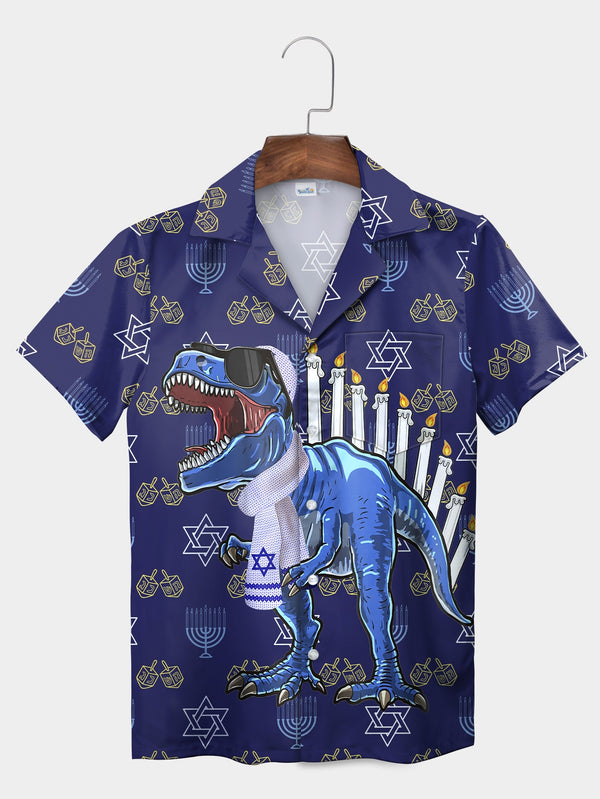 Blue Menorah Dinosaur Holiday Celebration Short Sleeve Hawaiian Shirt  Front