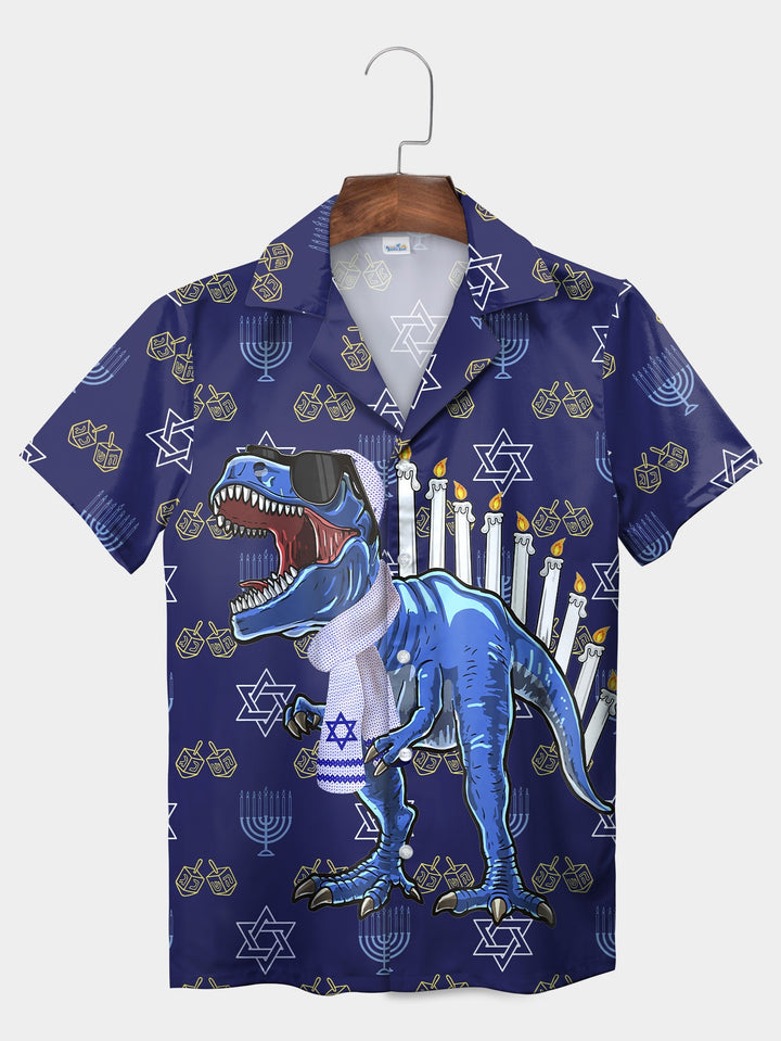 Blue Menorah Dinosaur Holiday Celebration Short Sleeve Hawaiian Shirt  Pocket