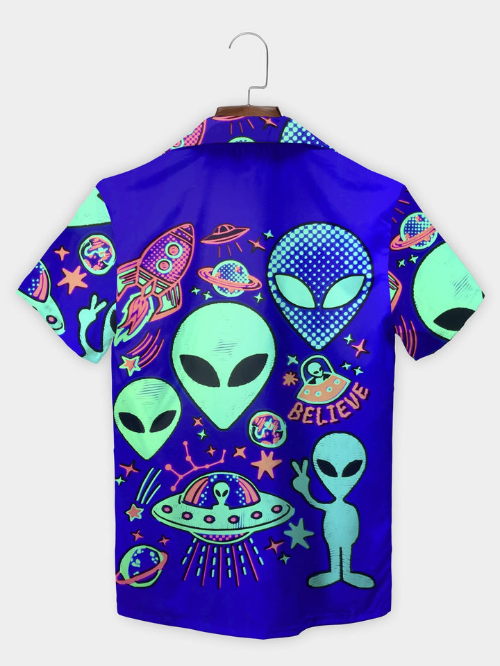 Blue Neon Alien Cosmic Dreamscape Short Sleeve Hawaiian Shirt  Back