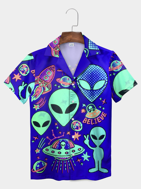 Blue Neon Alien Cosmic Dreamscape Short Sleeve Hawaiian Shirt  Front