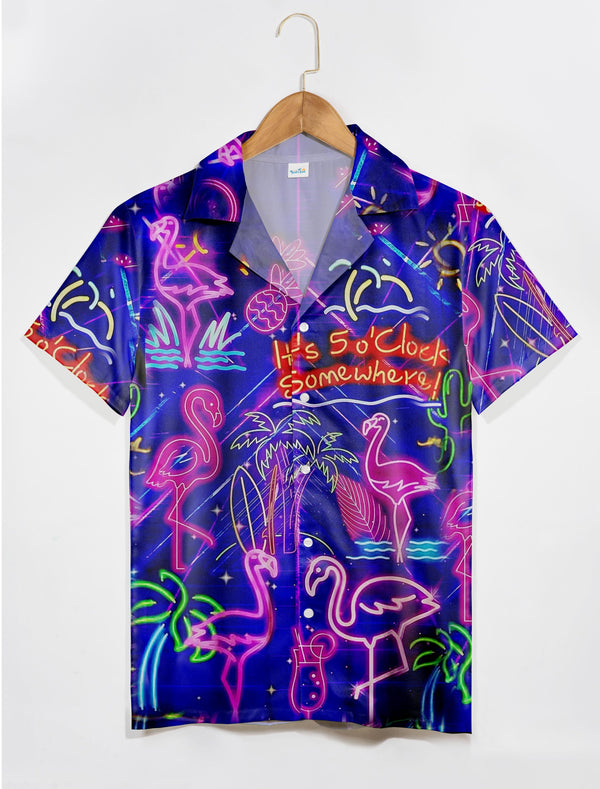 Blue Neon Flamingo - It's 5 O'Clock Somewhere Hawaiian Shirt