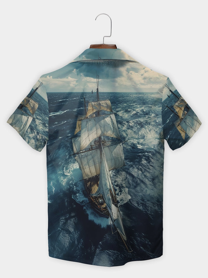 Blue Ocean High Seas Pirate Boat Ship Short Sleeve Hawaiian Shirt  Back