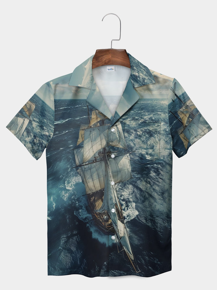 Blue Ocean High Seas Pirate Boat Ship Short Sleeve Hawaiian Shirt  Front