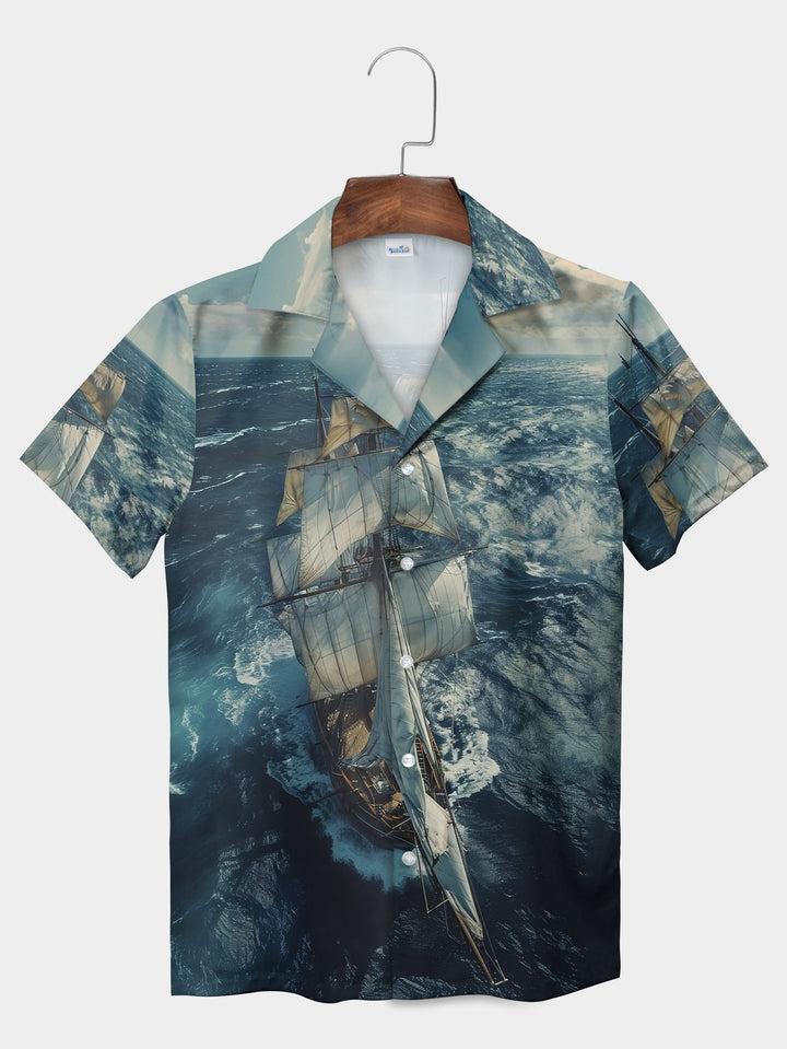 Blue Ocean High Seas Pirate Boat Ship Short Sleeve Hawaiian Shirt  Pocket