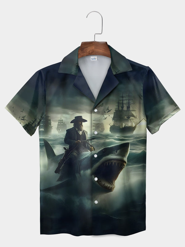 Blue Ocean Pirate Shark Rider Epic Graphic Short Sleeve Hawaiian Shirt  Front