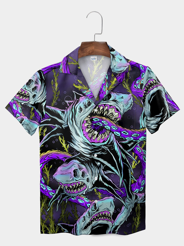 Blue Ocean Predator Shark Attack Graphic Short Sleeve Hawaiian Shirt  Front