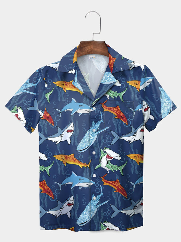 Blue Ocean Shark Adventure Marine Life Short Sleeve Hawaiian Shirt  Front