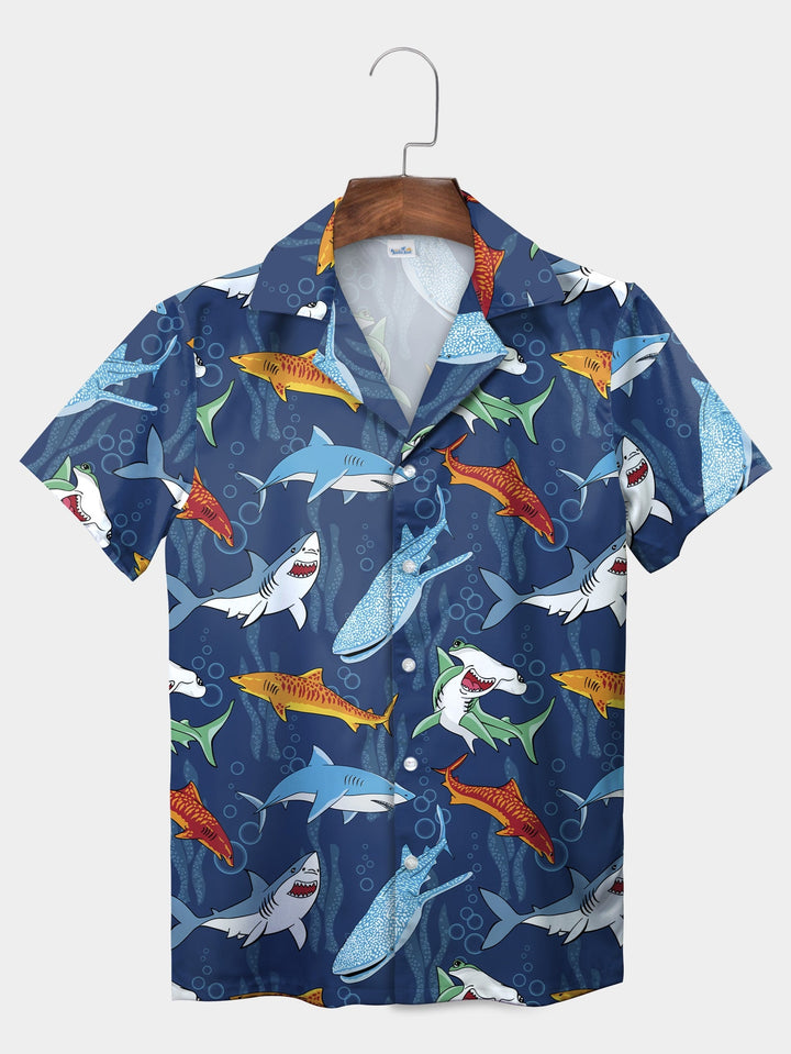 Blue Ocean Shark Adventure Marine Life Short Sleeve Hawaiian Shirt  Pocket