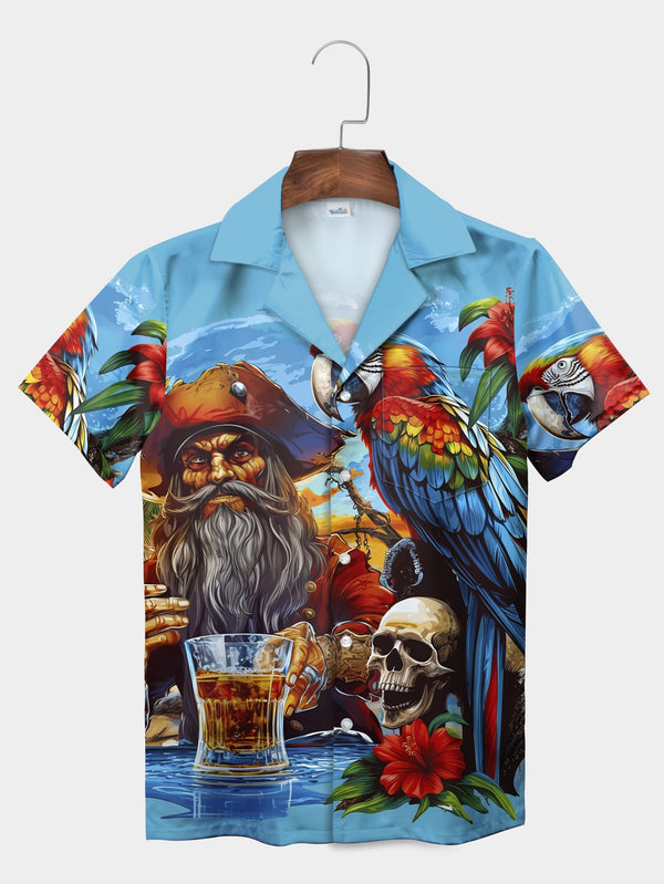 Blue Pirate Parrot Skull Adventure Design Short Sleeve Hawaiian Shirt  Front