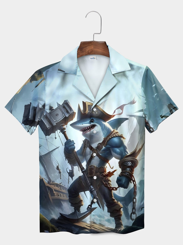 Blue Pirate Shark Character Wielding Hammer Epic Short Sleeve Hawaiian Shirt  Front