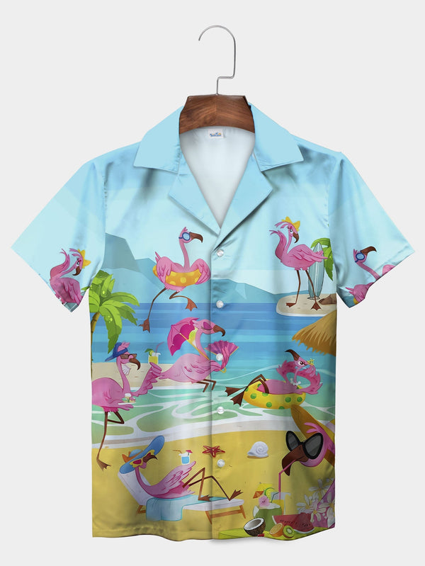 Blue Playful Flamingo Beach Party Hawaiian Shirt