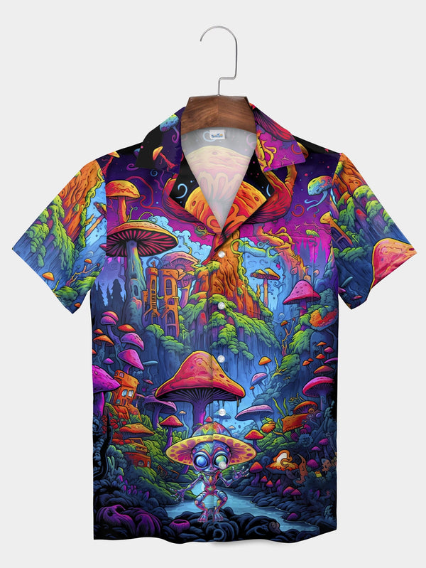 Blue Psychedelic Alien Mushroom Wonderland Short Sleeve Hawaiian Shirt  Front