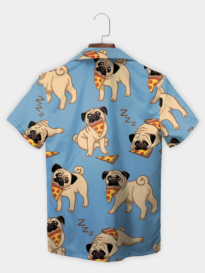 Blue Pug Eating Pizza Fun Cartoon Sleepy Dog Short Sleeve Aloha Shirt  Back